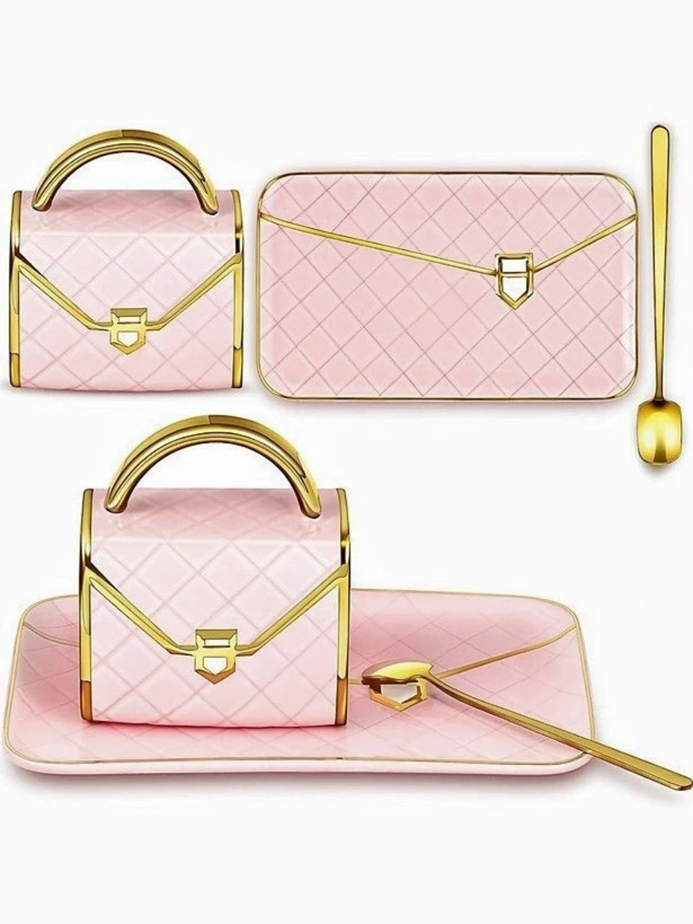 Handbag Shaped Ceramic Coffee Mug and Saucer Set Pink & Gold